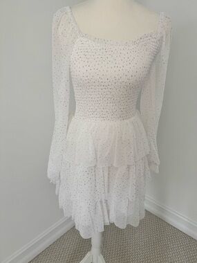 White Smocked Tiered Long-Sleeve Dress
